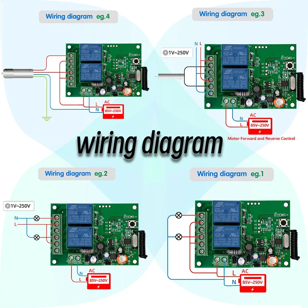 433MHz Rf Wireless Remote Control Relay Switch AC 220V 2CH Dry Contact Receiver and Transmitter for Garage Door System Motor LED