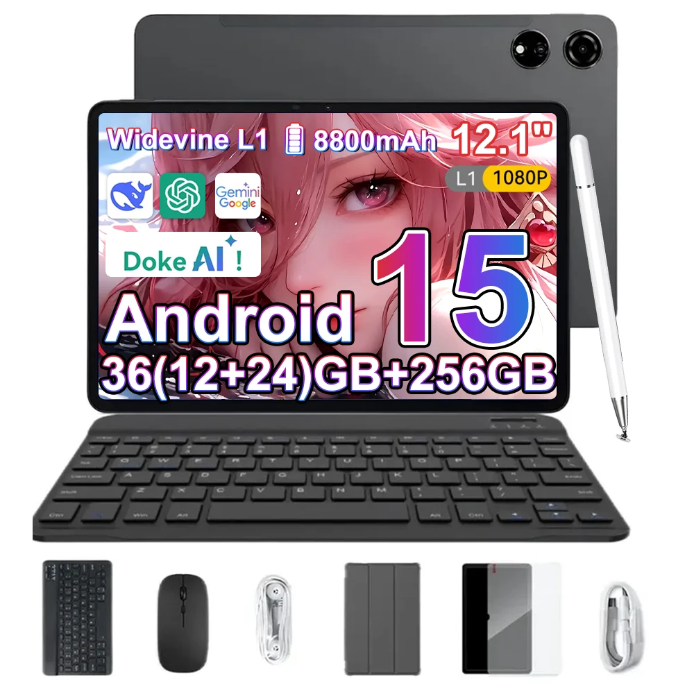 Blackview Mega 3 Tablet (Lader Inbegrepen) 36(12+24)GB+256GB 12,1" FHD 50MP Android 15 8800mAh 90Hz Dual SIM 1080P IPS Doke AI