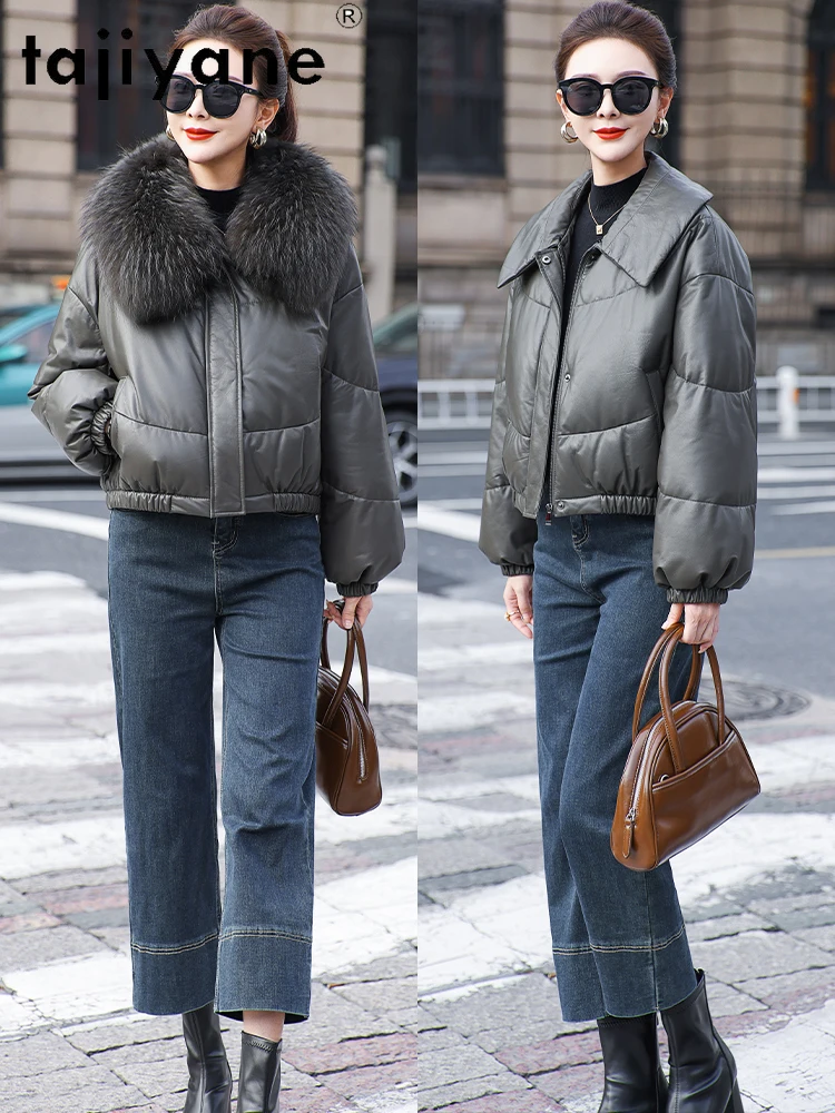 TAJIYANE Echtleder-Pufferjacke für Damen, 100 % genarbtes Rindsleder, kurzer weißer Gänsedaunenmantel mit Waschbärpelzkragen, Winter 2025