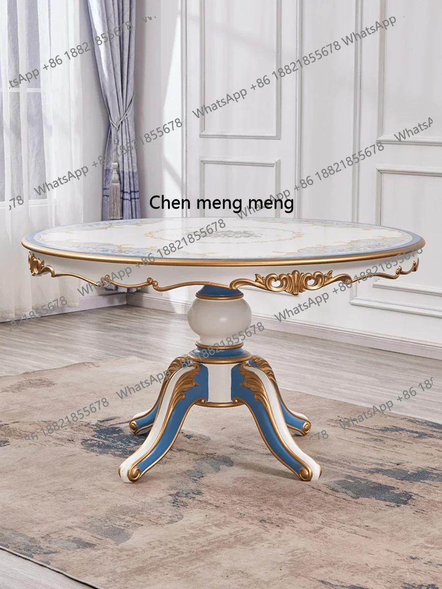 

French cream style round dining table household white European painted small apartment all solid wood American table and chairs