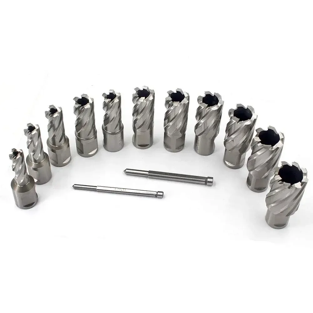 Annular Cutter Set 13 pcs 3/4 Inch Weldon Shank 7/16 to 1-1/16 for Drill Press HSS Standard Kit Two Flat with 2 Pilot Pins