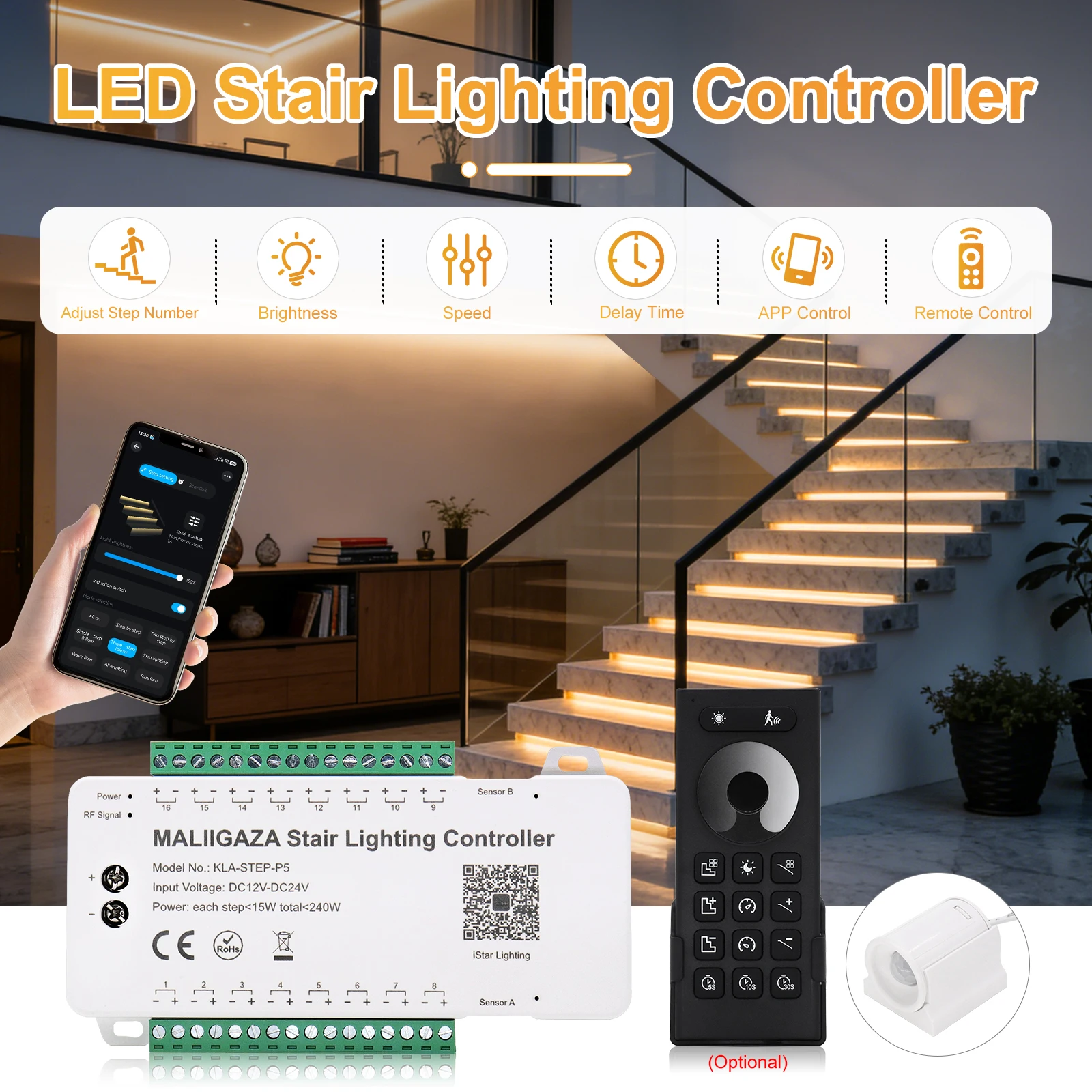 5-16 Steps New Smart BT Stair Light Kit Support APP Remote Control Motion Sensor Dynamic Lighting for Indoor Staircase STEP-P5