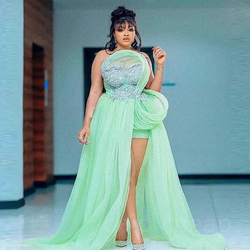 Mint High Low Prom Dresses Strapless Appliques Sequins African Women Beach Formal Evening Dress  Tulle Party Gowns For Teens