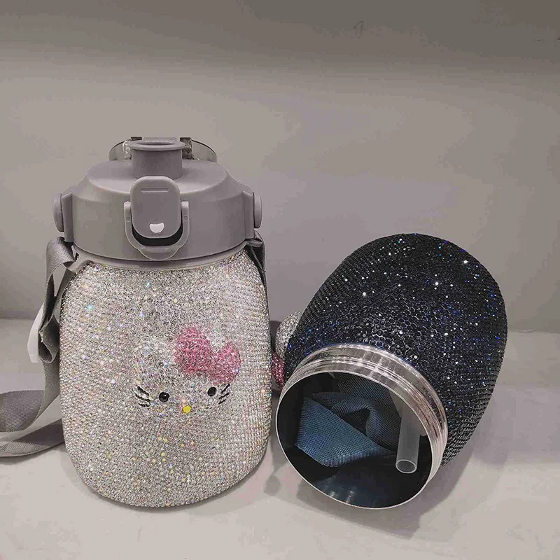 Bling Rhinestone Diamond Thermos Bottle Vacuum Flask Stainless Steel Insulated Thermal Water Bottle with Rope Belly Cup