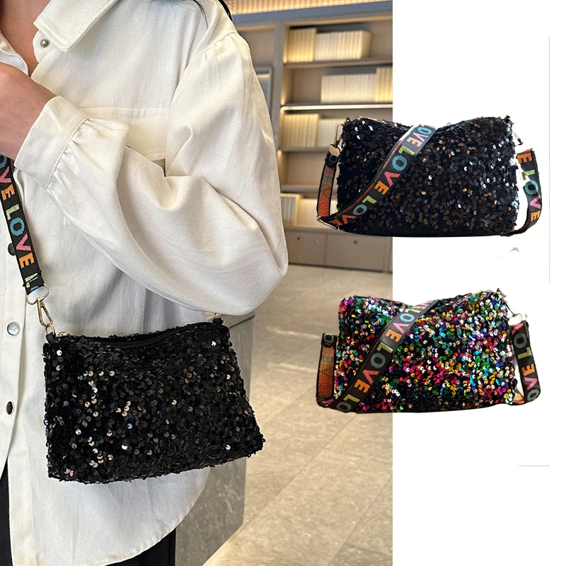 ユニークなストラップデザインの女性用スパンコールスクエアクロスボディバッグ、特別な機会やパーティーに最適なエレガントな小さなショルダーバッグ