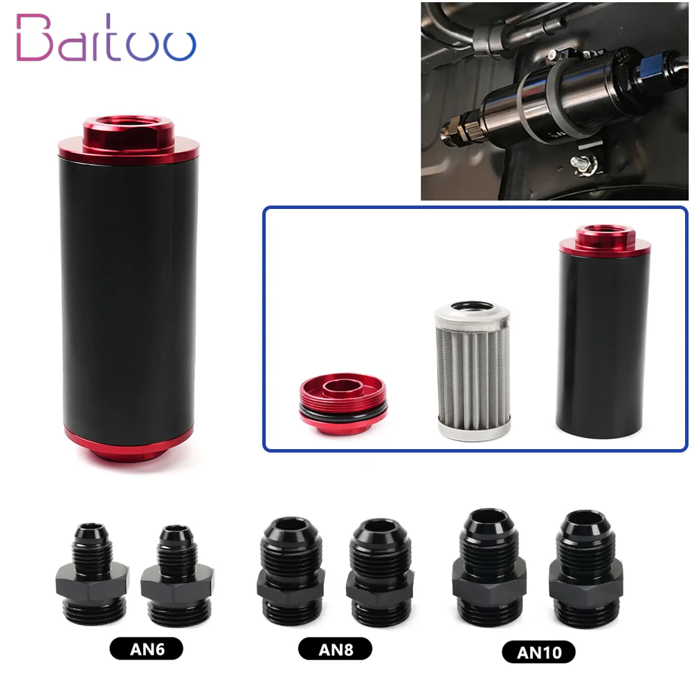 

44MM 60 Micron/ 50MM 100 Micron Aluminum Inline Fuel Filter With 6AN 8AN 10AN Adapter Universal For Filtering FRG014