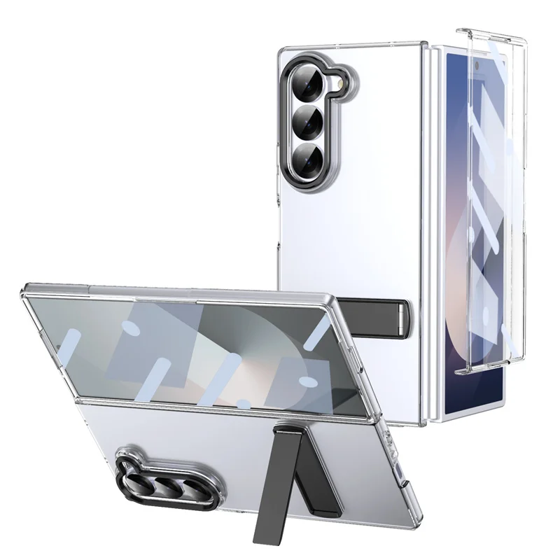 

For Samsung Galaxy Z Fold 6 5 4 3 5G Metal Bracket Transparent PC Hard Case With Screen Protector Shockproof Protective Cover