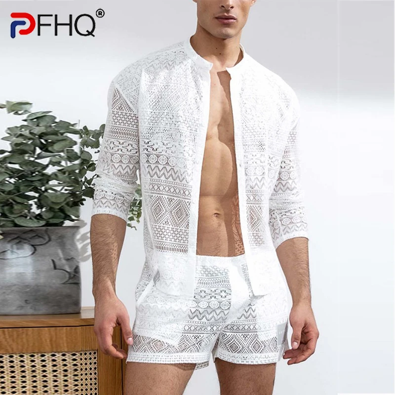 PFHQ 2023 Summer New Hollow Out Sexy Lace Shorts Shirt Sets Men\'s Fashion Suit Clothes Free Shipping Trendy Elegant Beach Cheap