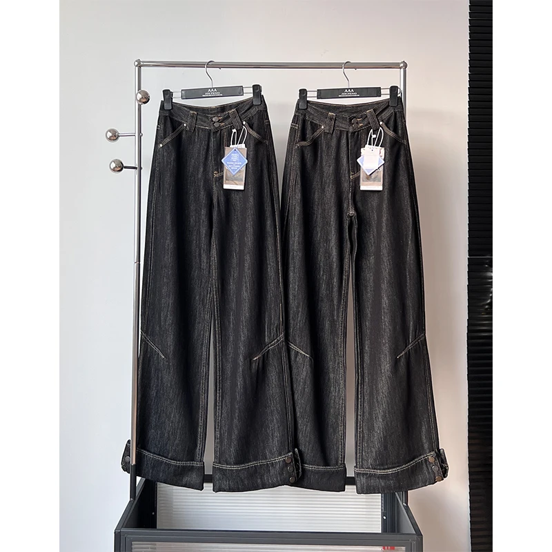 Damskie jeansy z szerokimi nogawkami z wysokim stanem Lady Spring Summer Streetwearr Dwa guziki Luźne proste jeansy pełnej długości