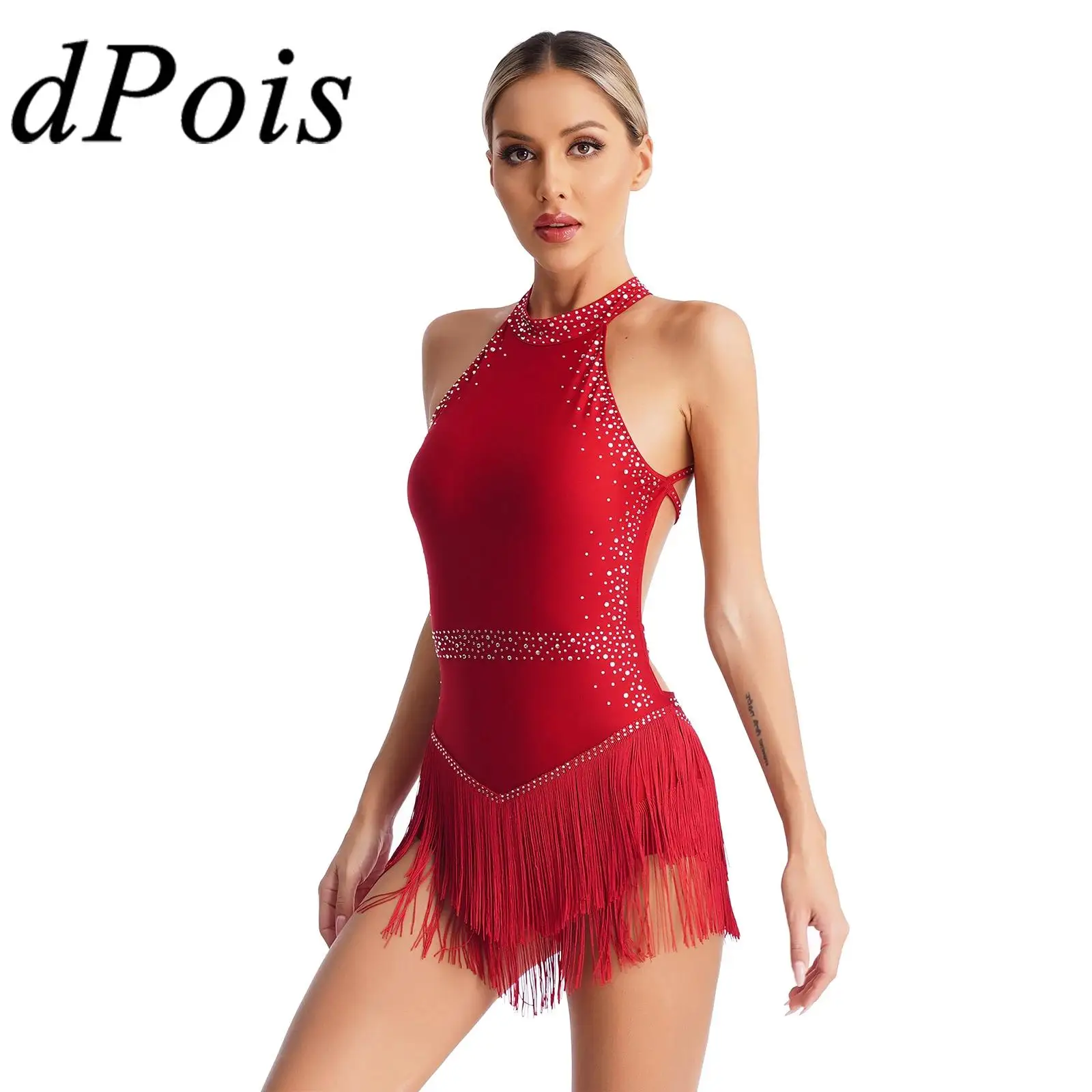 

Women Tango Dancewear Tassel Fringe Latin Dance Leotard Dresses Rhinestone Cha-cha Dancing Cocktail Dress Ballroom Dance Costume