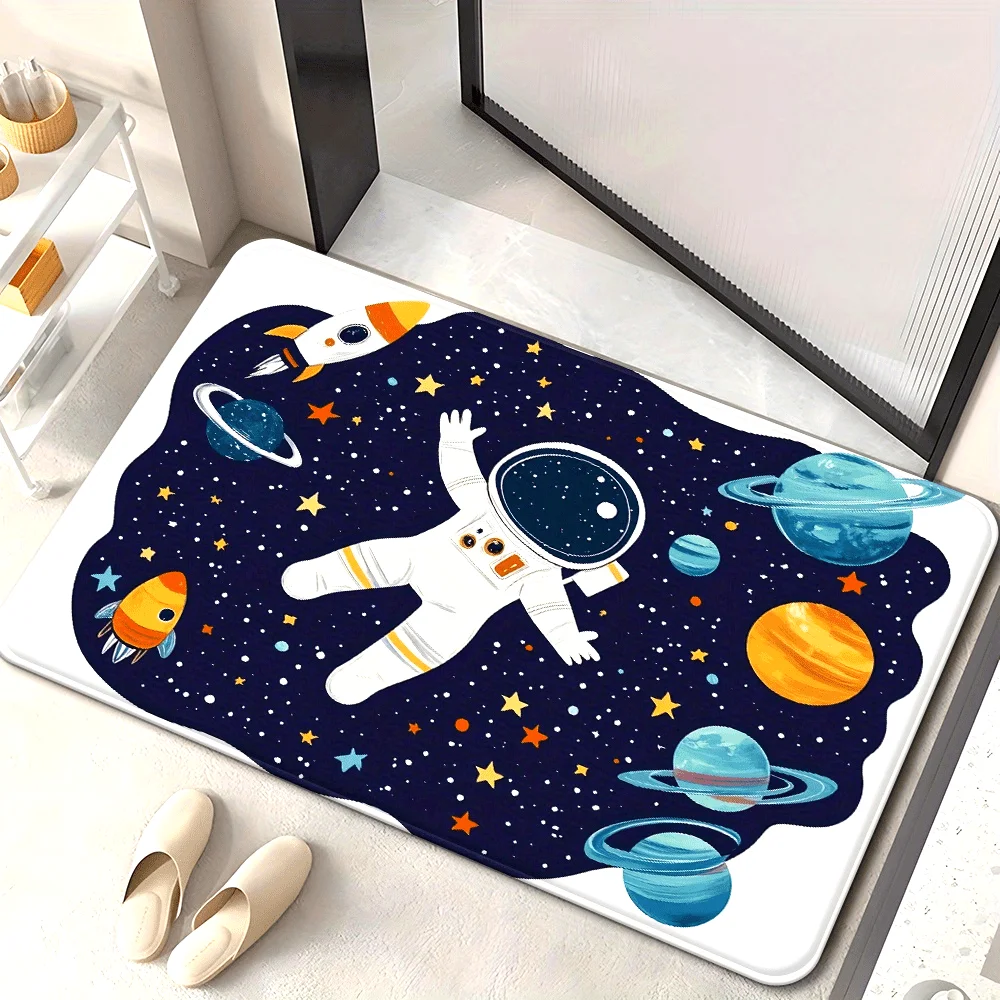 Space Theme Floor Mat 1pc – Cute Astronaut & Colorful Planets Design, Child-Friendly Indoor Doormat for Nursery and Home Decor