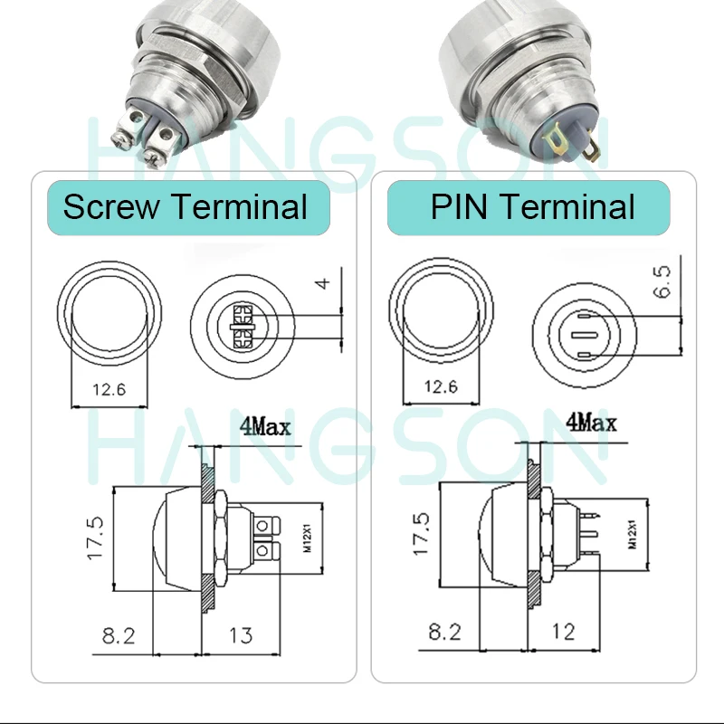 12MM Dome Head Momentary Push Button Switch Screw Terminal Push Button 3A 220V Solder Terminal Colorful Metal Button Switch