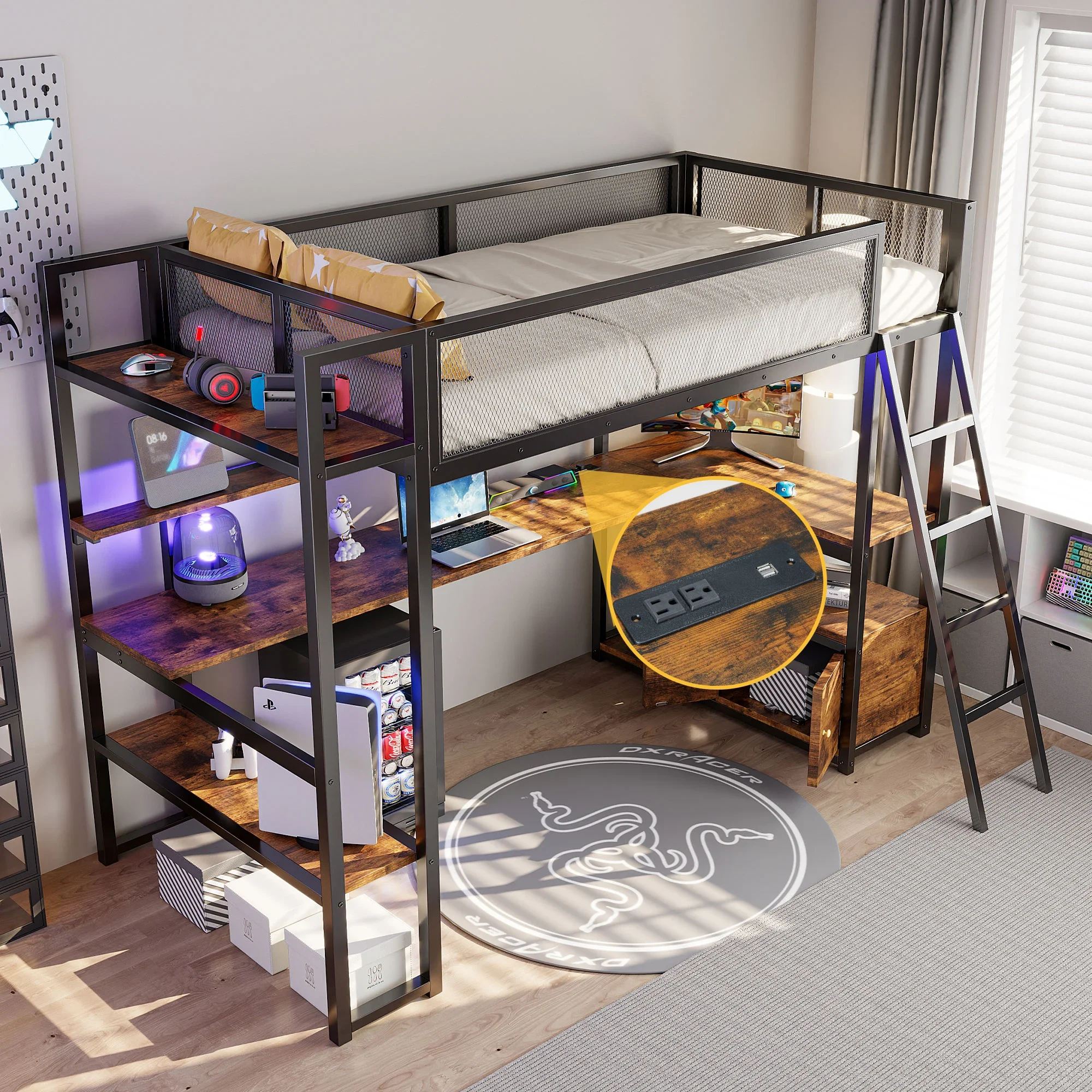 

Twin Size Metal Loft Bed frame with Built-in Work Station,with LED and Multiple Storage,bedroom furniture with shelves and desk