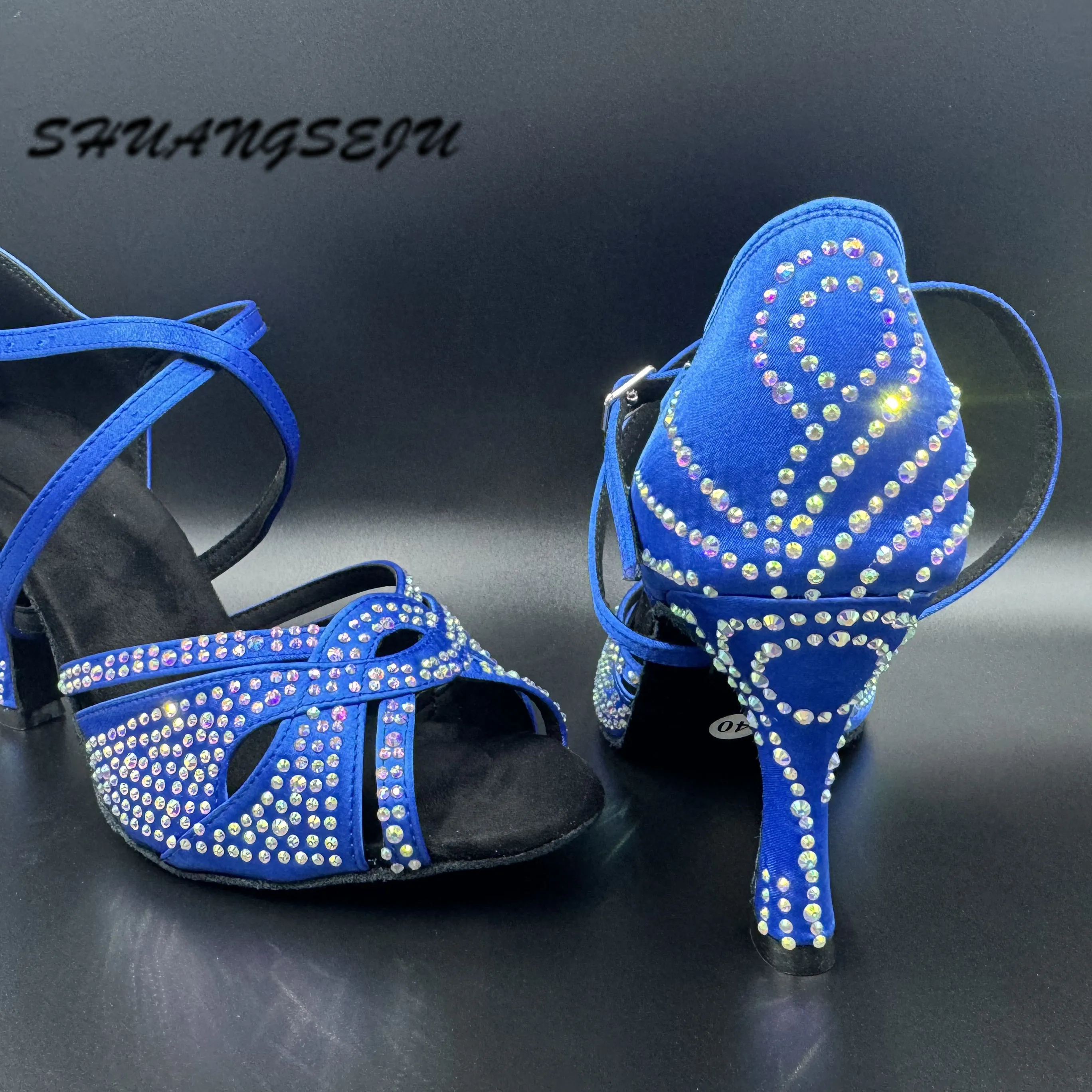 SHUANGSEJU New royal blue satin Latin dance shoes professional ballroom salsa bachata soft-soled dance shoes with mid-high heel view 5