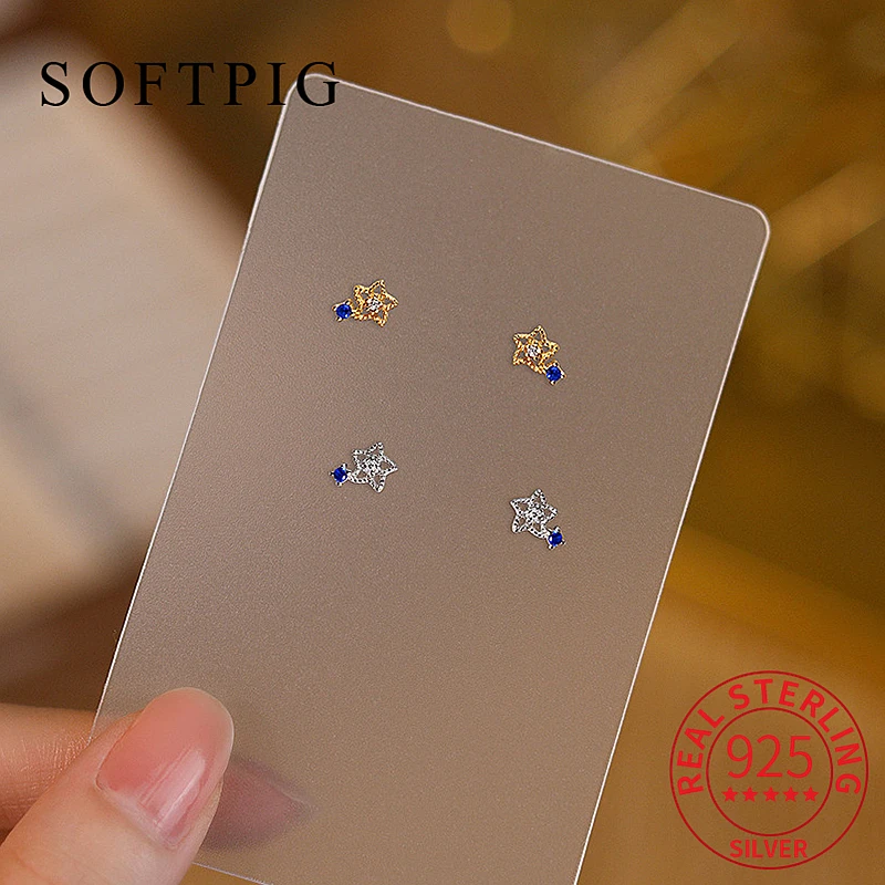 SOFTPIG 100% 925 Sterling Silver Zircon Tiny Star Stud Earrings for Women Trendy Fine Jewelry Small and Delicate Ear Hole Care