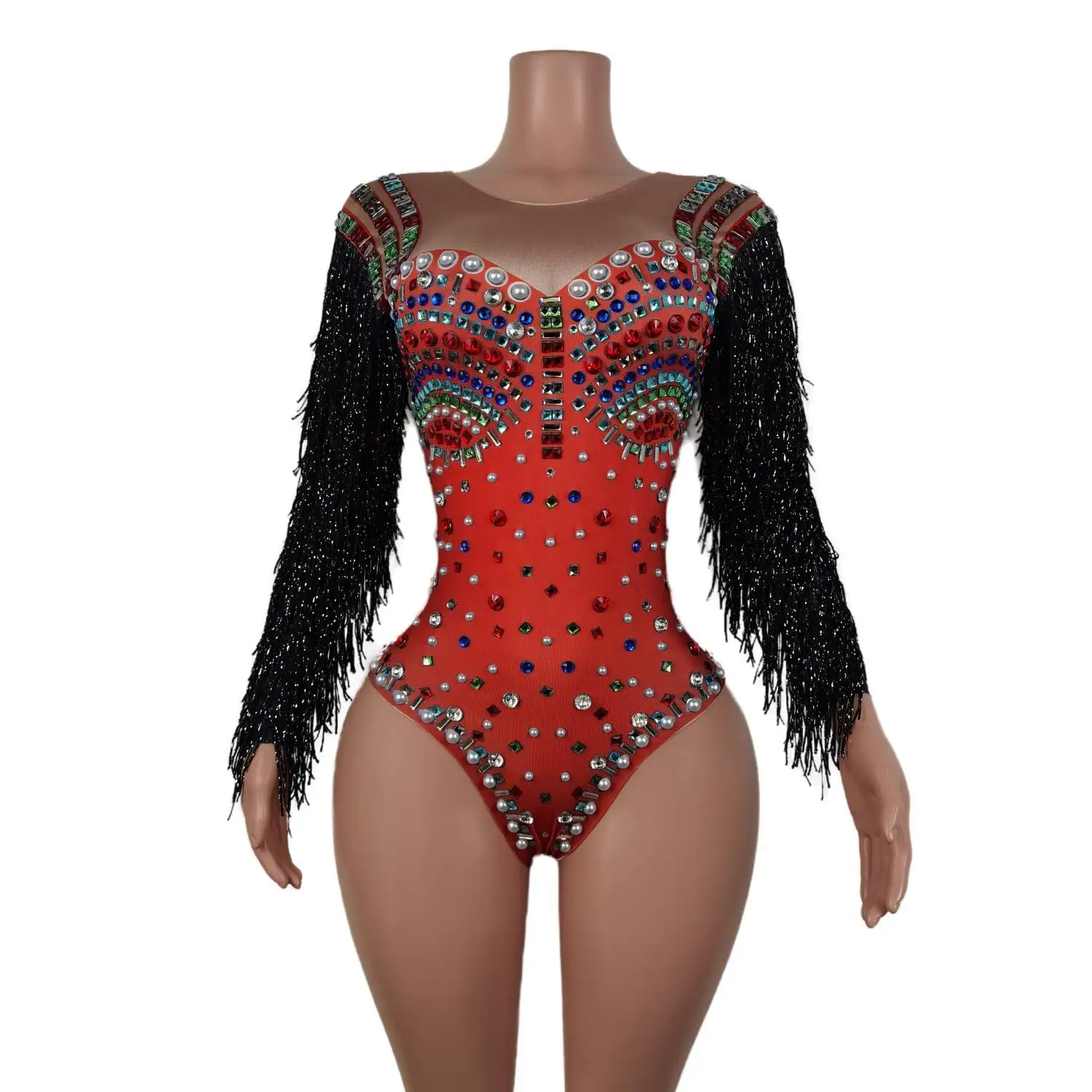 

Monos Sexy Pearls Rhinestone Tassel One Piece Bodysuit Night Club Dancer Leotard Ladies Rompers Women Stage Performance Jumpsuit