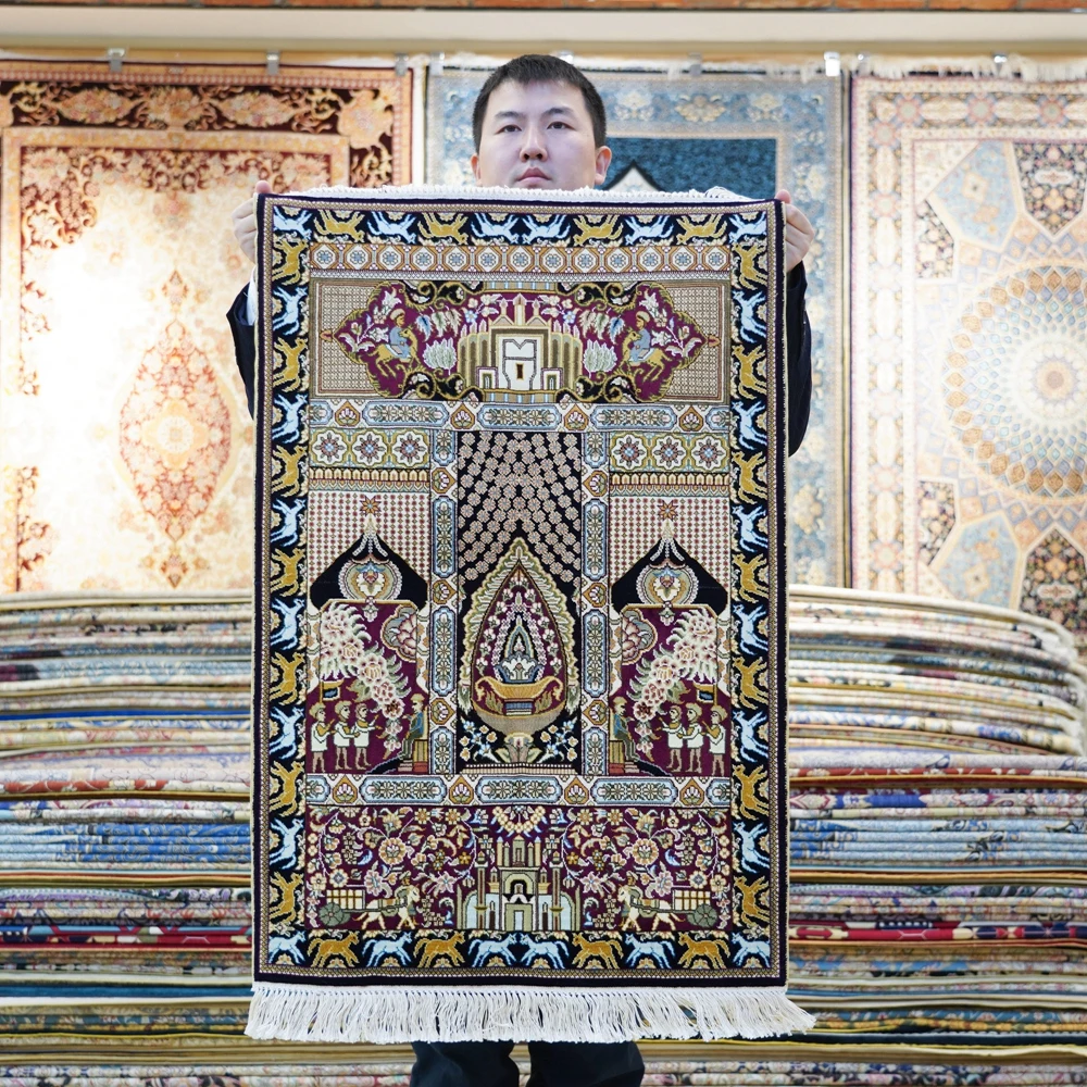 61x91cm Handmade Persian Tapestry Exquisite Small Dark Black Modern Silk Rug (TJ093A)