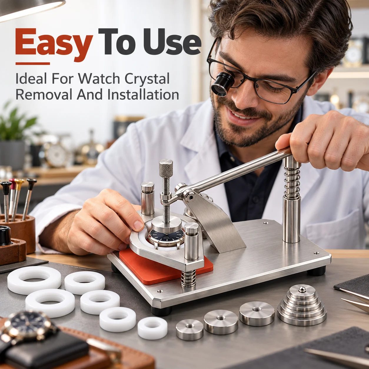 AOLIVIYA Watch Crystal Press Tool Stainless Steel Watch Glass Removal Installation Kit Case Repair Tool With Nylon Dies