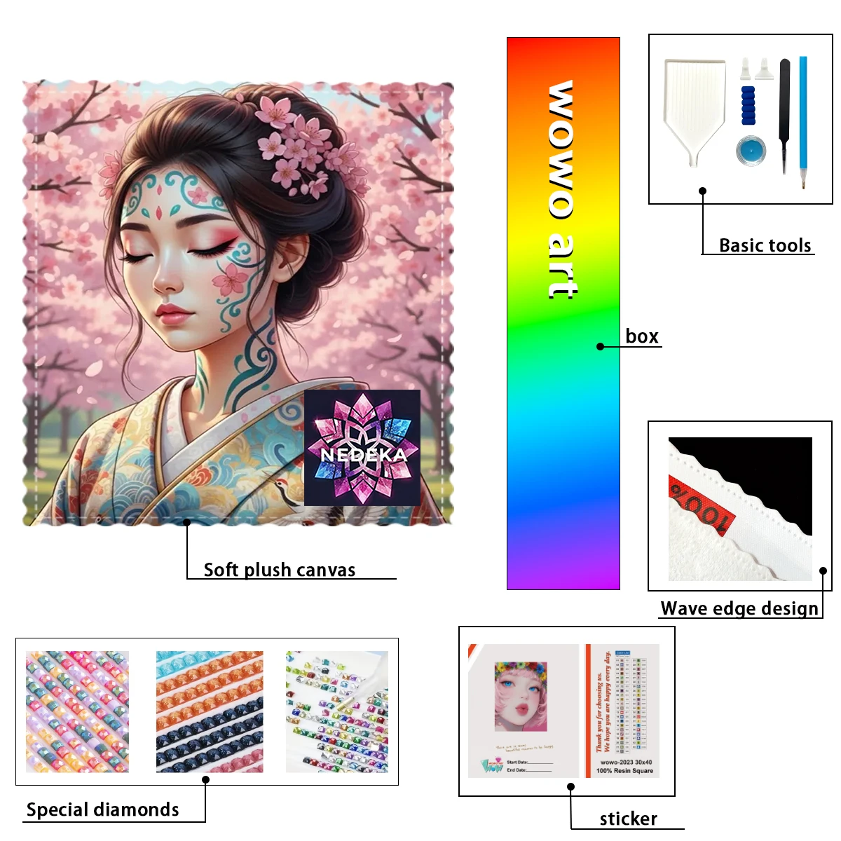 

【NEDEKA_ Diamond Art】Японская женщина с узорчатым рисунком на лице, украшенным кристаллами AB, стразами FD и идеальными полимерными бриллиантами.