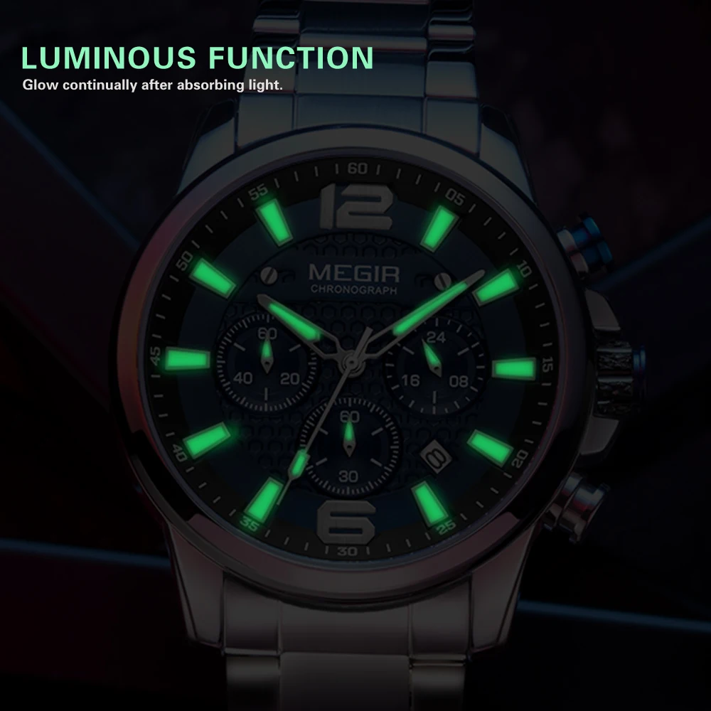 MEGIR Luxury Men Chronograph Watch Quartz Business Wristwatch Luminous Waterproof Date Stainless Steel Clock Relogio Masculino