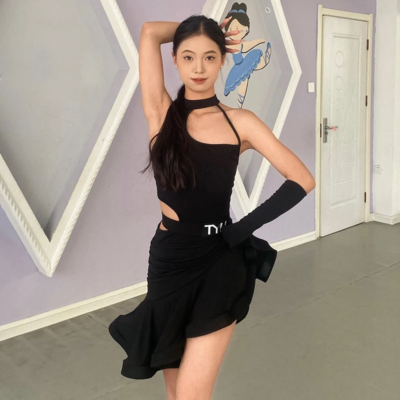

Sexy Black Latin Dance Dress Women Hollow Out Leotard Fishbone Skirt Cha Cha Rumba Costumes Summer Latin Performance Outfit 3500