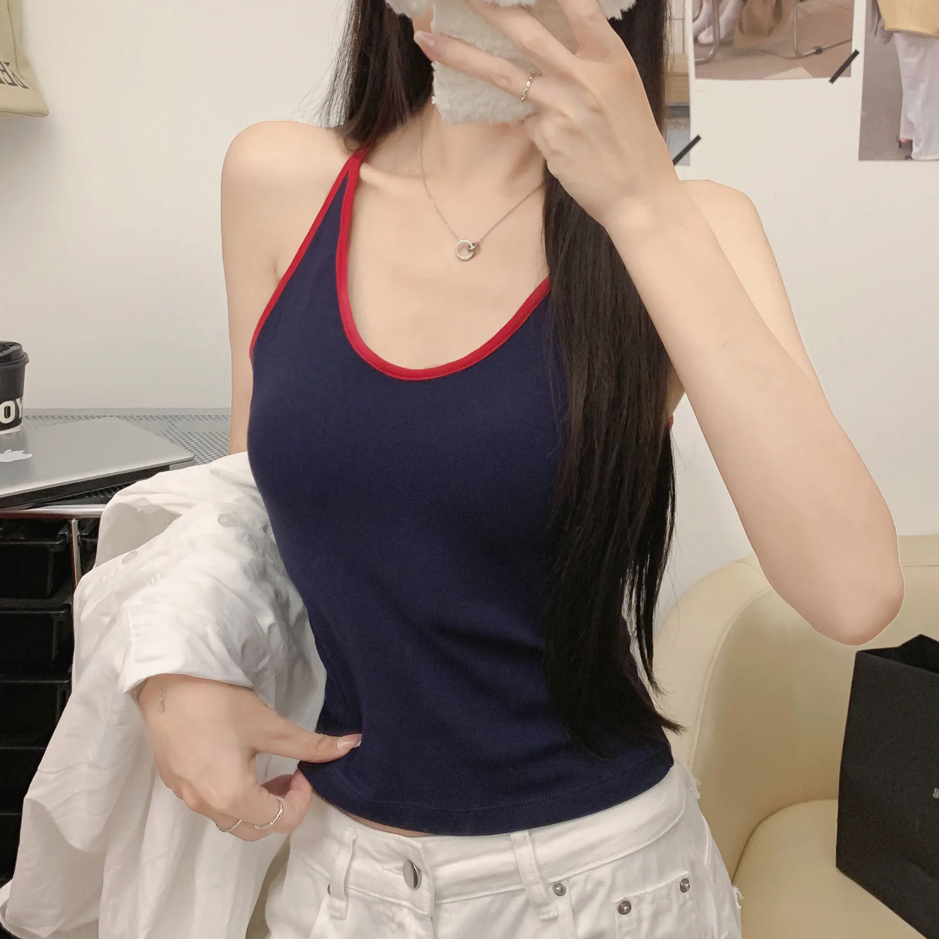 Women U Neck Chain Detail Tank Top with Chest Pad Viscose Slim Fit Sweet Fresh Spring Summer Fall Camisole Vest