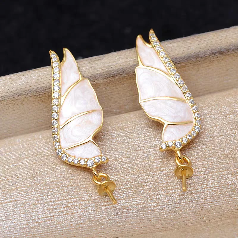 S925 silver drop angel wing earrings DIY semi-finished Baroque earring components holder
