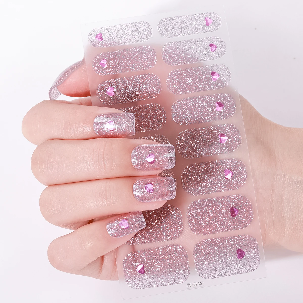 16Tips No Bake Nail Stickers Glitter Valentine's Day Heart Nail Polish Sticker DIY Manicure Decoration Full Cover Nail Strips