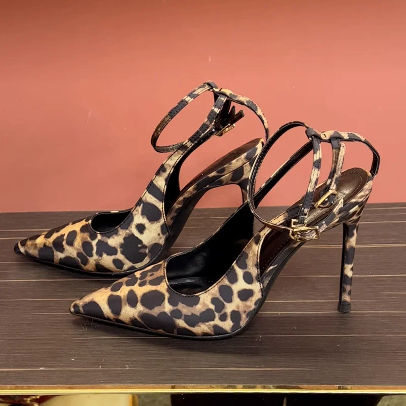 

New Leopard Print Pointed Toe Office Lady Shoes Fashion Designer Shallow Stilettos Large Size Ankle Strap Women High Heels Pumps