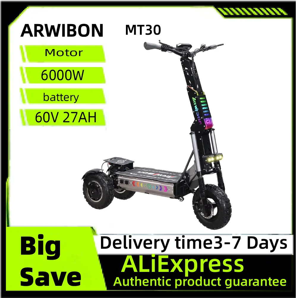 

ARWIBON MT30 Adult Electric Scooter 6000W Motor 13 Fat Tire E-Mountain Scooter 60V27AH Folding Tricycle E-Scooter