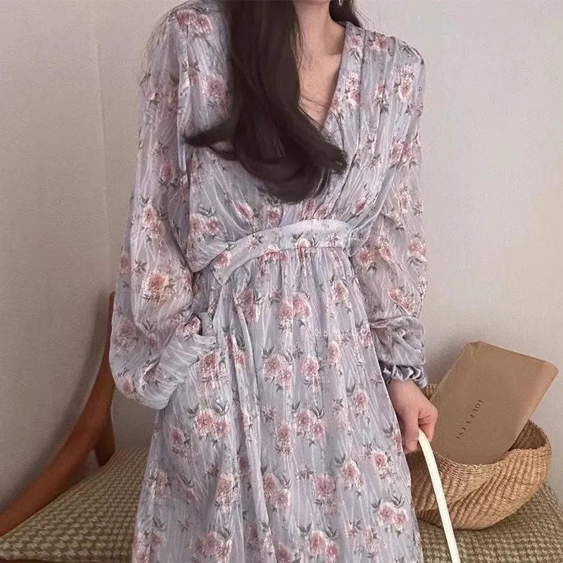 Chic Spring New Retro V-ne Dstring Waist Cinched Floral Print Dr Women's Korean Sle Bubble Sve ort Skirt