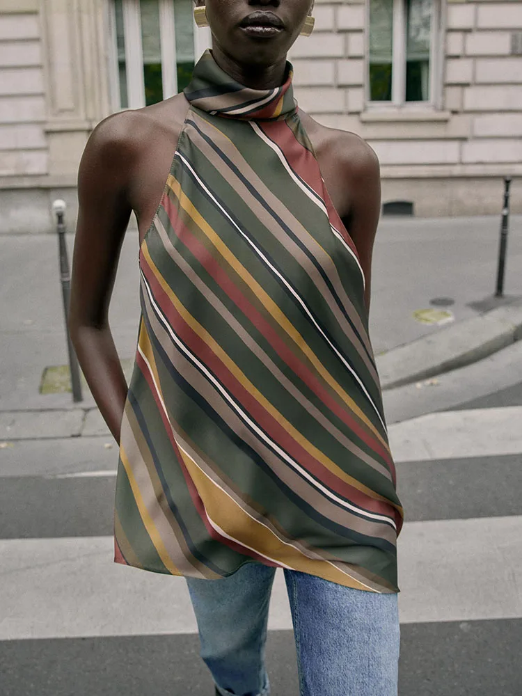 

Сладкий модный асимметричный женский топ из нейлона, Новое поступление, зима 2025 Ele, модный полосатый подвесной воротник irt