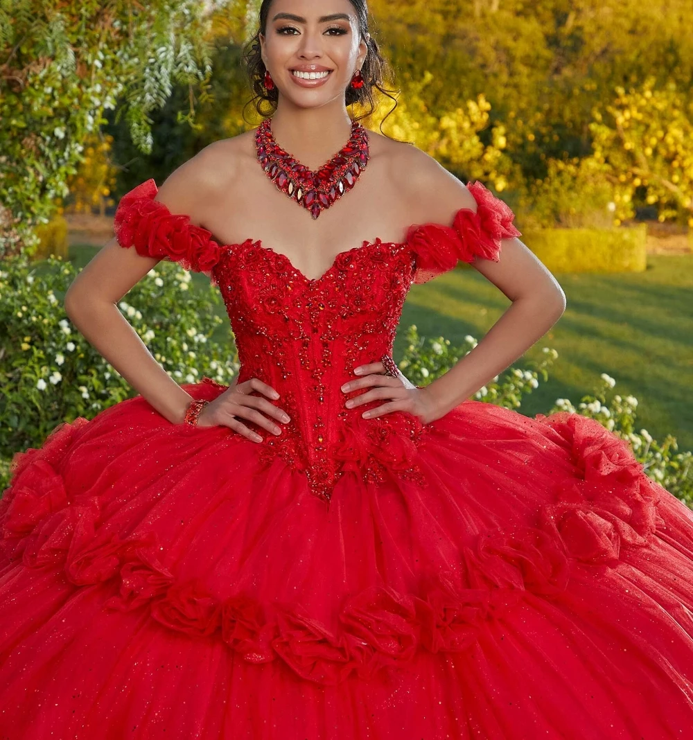 EVLAST Princess Red Ball Gown Quinceanera Dress Flora Appliques Crystal Beaded Glitter Tulle Tiered Vestidos De XV aecos TQD104