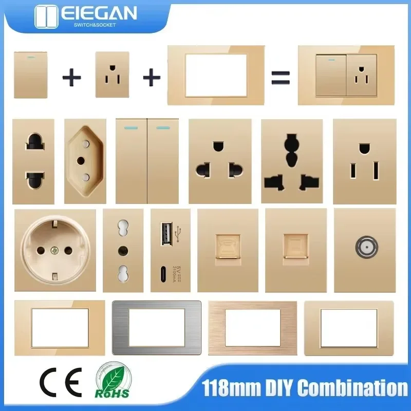 

ELEGAN 1/3 Glass/PC Panel Wall Switch BR IT UN US TH Power Socket USB Type-C TV Parts Double DIY Free Combination Outlet Switch