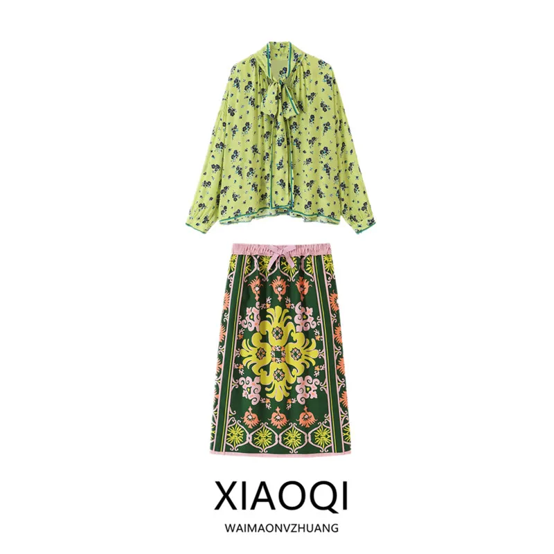 Casual Printed Shirt with Bow Tie Half Skirt Women's New Style for Autumn 2026 Fashionable Elegant Lady's Outfit