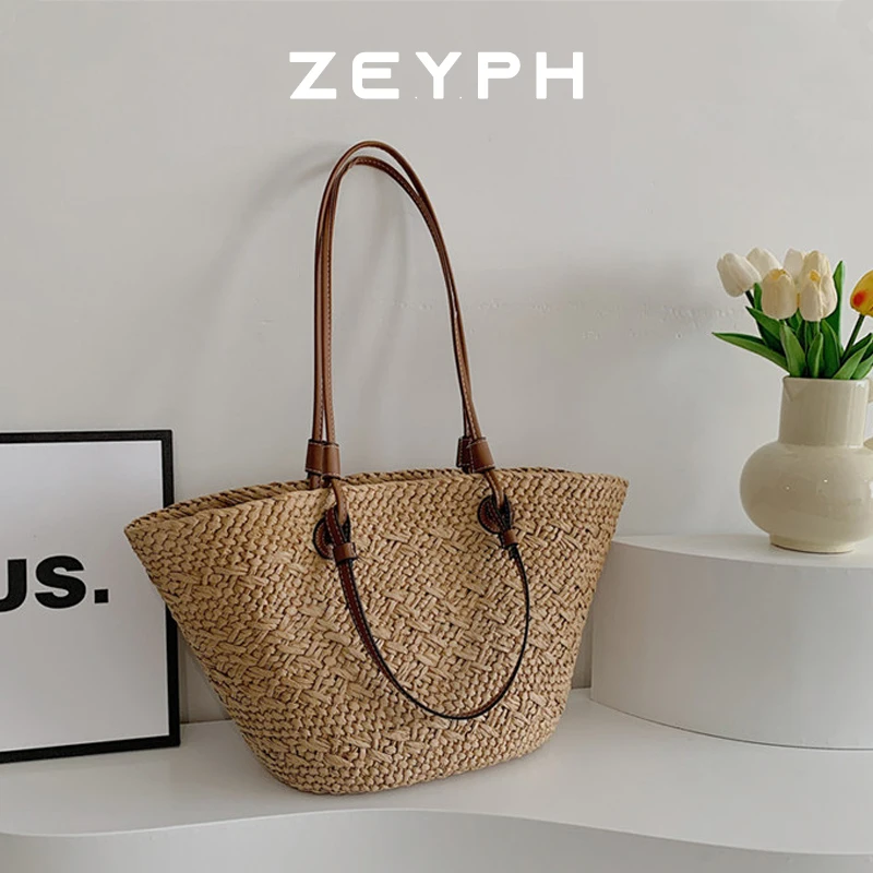 

Zeyph Summer Wicker Woven Basket Bags Rattan Women Handbags Handmade Summer Beach Straw Tote Bag Designer Shoulder Bag Khaki