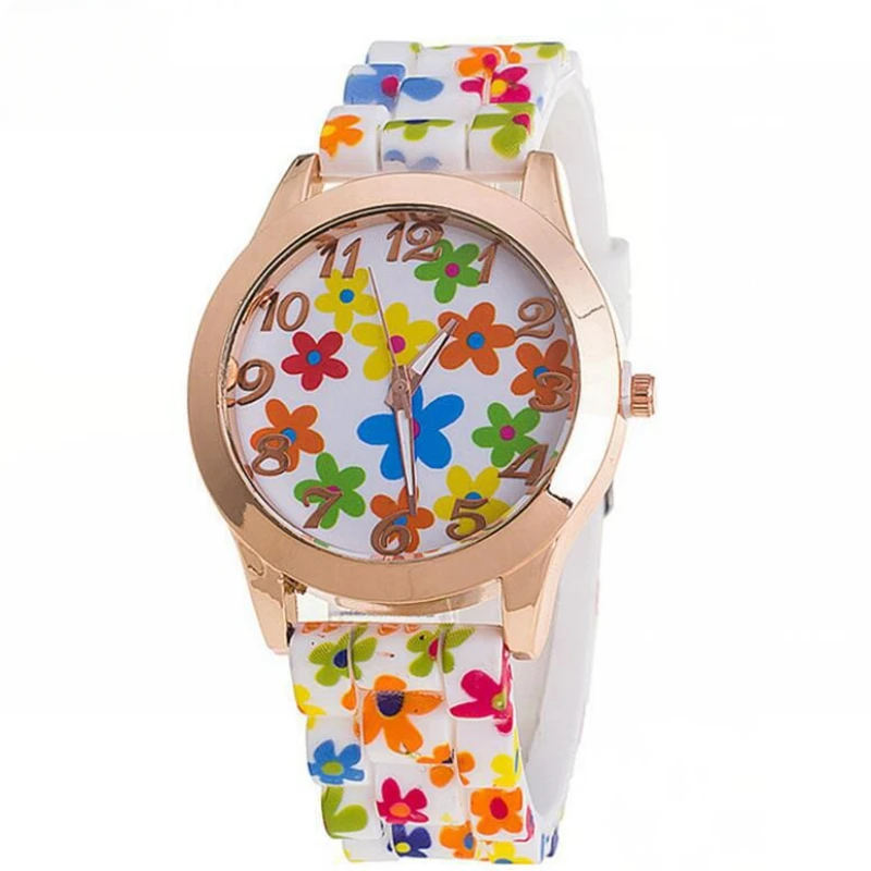 

Модные женские часы с цветочным принтом, силиконовый ремешок, кварцевые часы, женские роскошные кварцевые наручные часы, подарки Relojes De Mujer