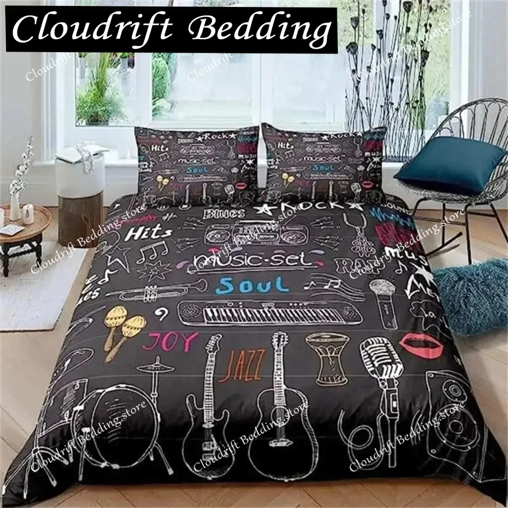 3D Print Rock Music Themed Guitar Colorful Duvet Cover Fire and Water Bedding Set Fashion Microfiber Polyester for Boy Gifts