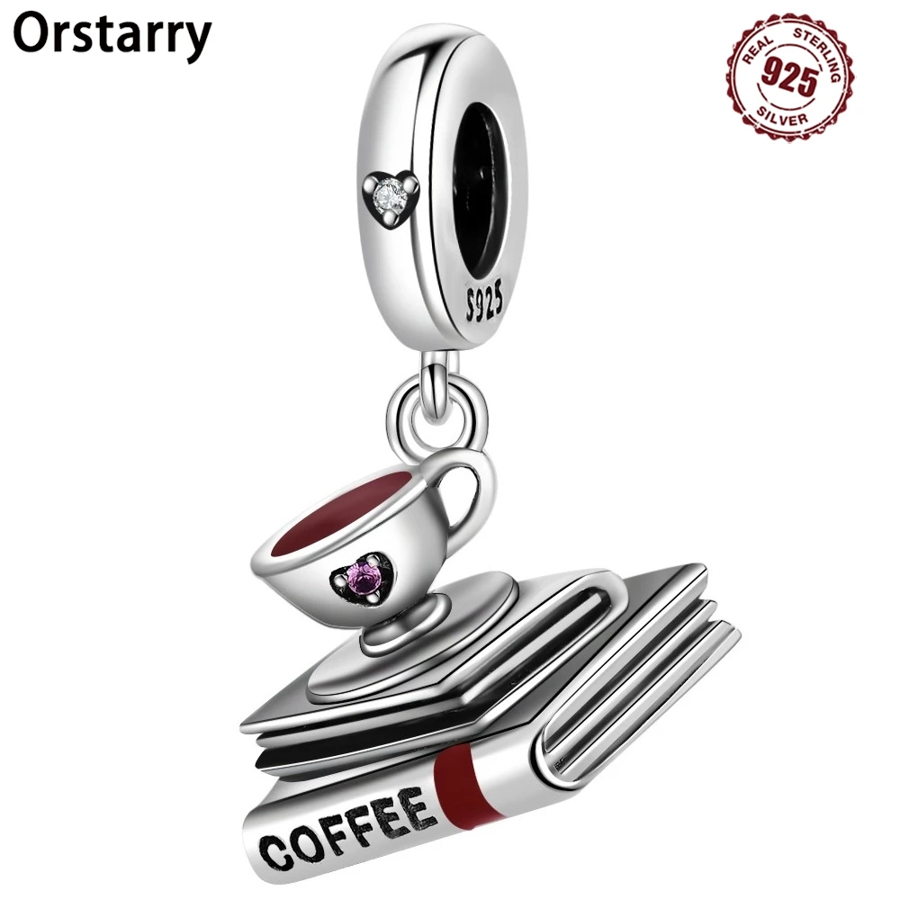 

925 Sterling Silver Coffee Book Pendants Bracelet Charms Fit Women Jewelry Party Beads DIY Fine Gifts Accessories