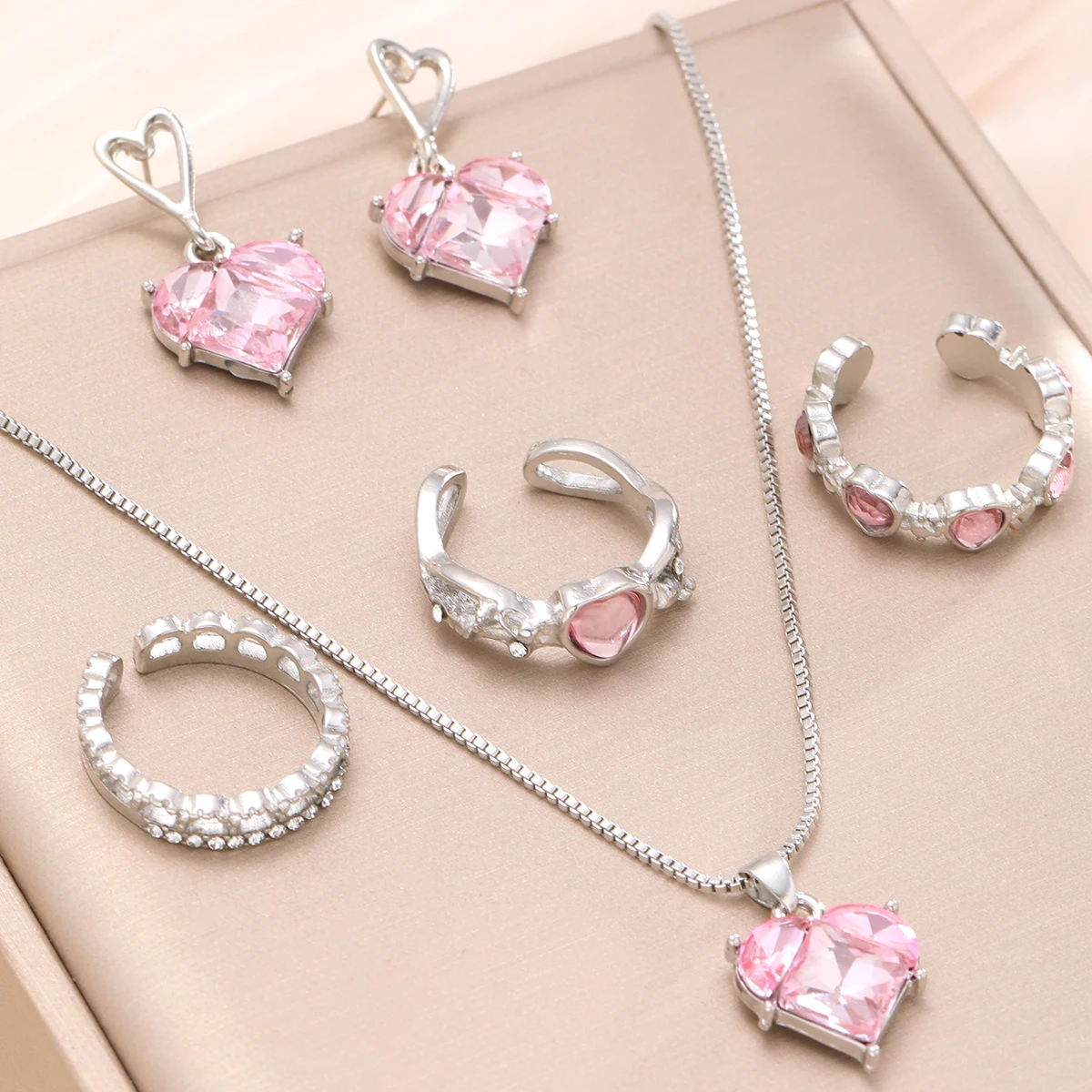 New Pink Crystal Heart Jewelry Set for Women Simple Y2K Zircon Love Elegant Pendant Necklaces Ring Drop Earring Girls Gifts 2024