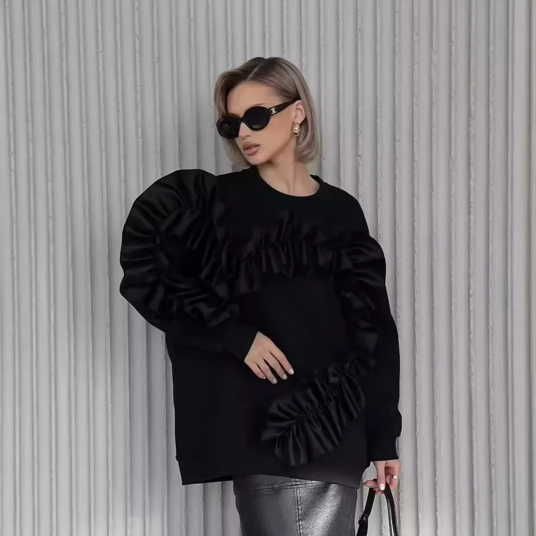 Nowa, uniwersalna, luźna bluza na jesień i zimę 2025 z trójwymiarowymi zdobieniami w stylu retro-chic, ciepła.
