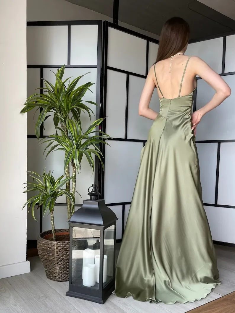 Simple Wedding Dress Satin with a Slit Bridesmaids Long Prom Gown with Open Back and Cowl Neck Evening Gown