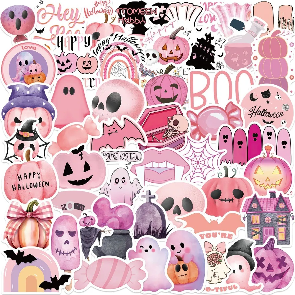 50-teilige rosa Halloween-Serie-Graffiti-Aufkleber – wasserfeste PVC-dekorative Aufkleber für Handyhüllen (Anime Worlds Store)
