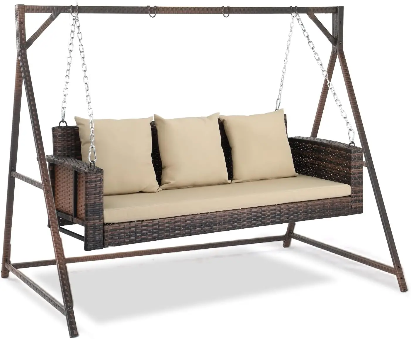 

VINGLI Outdoor Wicker Porch Swing with Stand, Heavy Duty 800 LBS Rattan Hanging Porch Swing Set with Cushions, 5FT Porch Swing