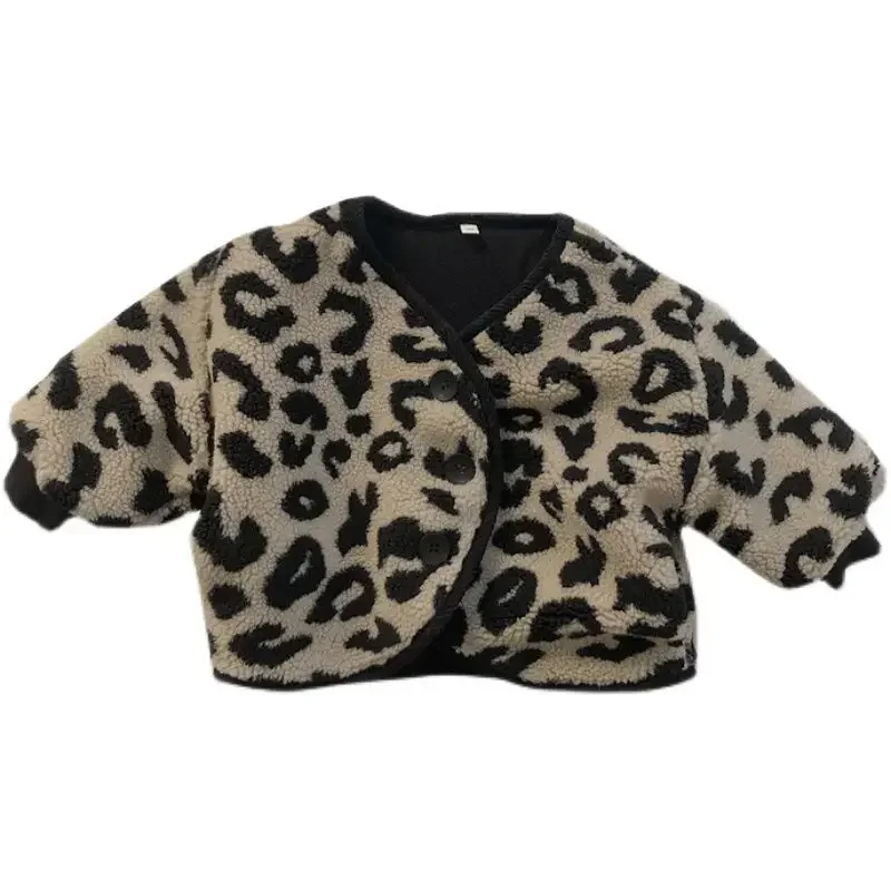 Korean Children Clothing Spring Autumn and Winter Jackets Fashion Leopard Print Lamb Down Children Plush and Thickened Jackets