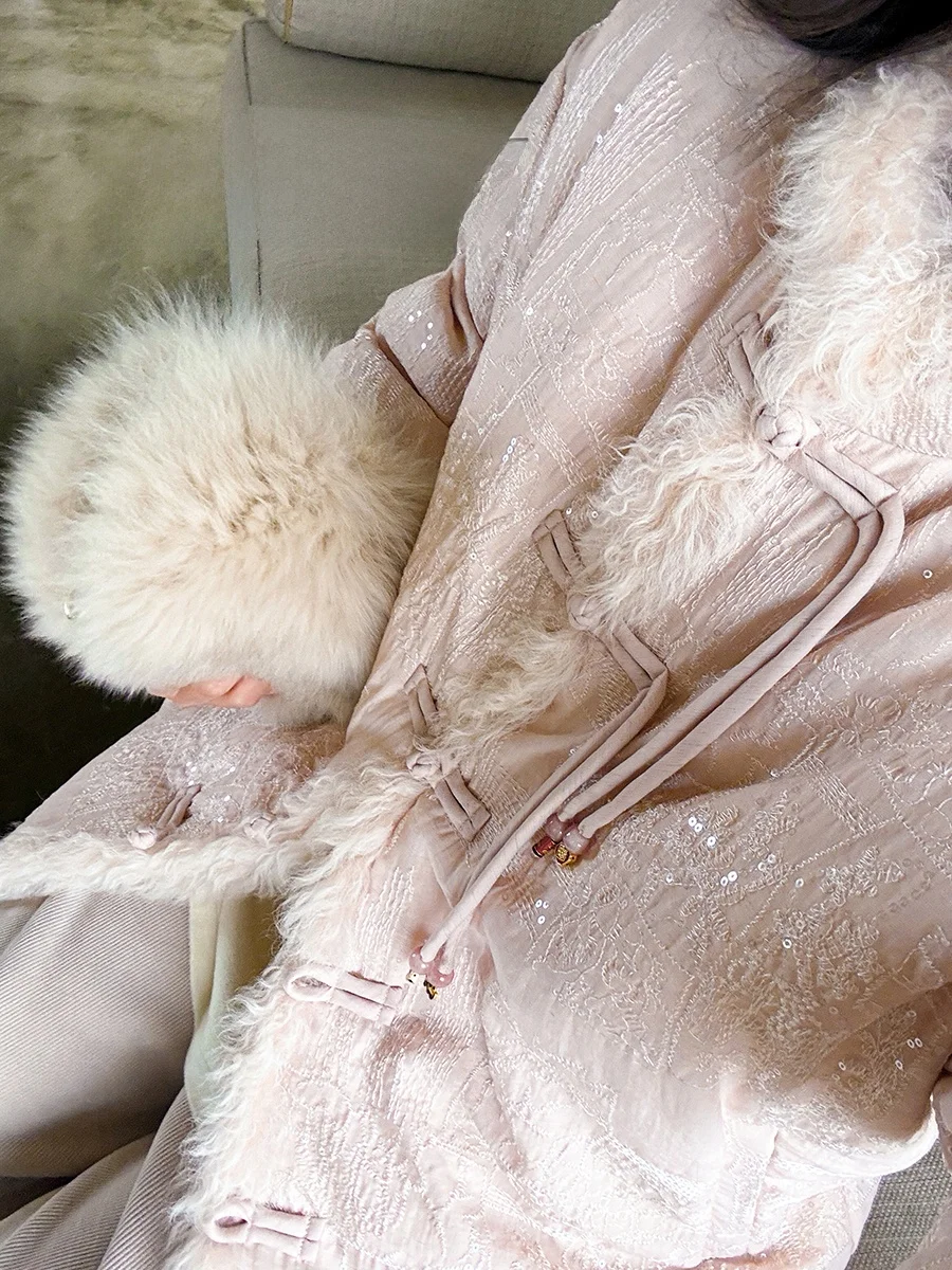 

Женское пальто Ele с вышивкой и отделкой из шерсти, наполненное 90% белым гусиным пухом, с воротником-стойкой и пуговицами, премиум-качество