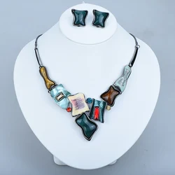 ICEYY Women Colorful Crystal  Square Statement Collar Necklace Clip On Earrings jewelry for women