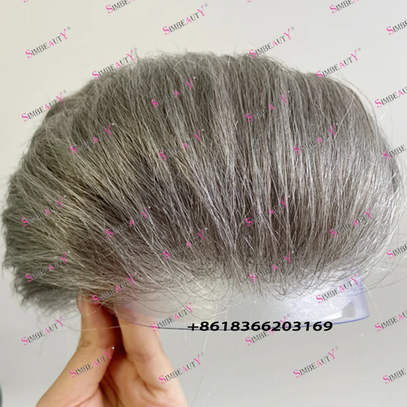 120Density #1B80 Grey Men 100% Virgin Human Hair Toupee Natural Hairline Full Skin Base Undetectable Ultra Thin Hair Prosthesis