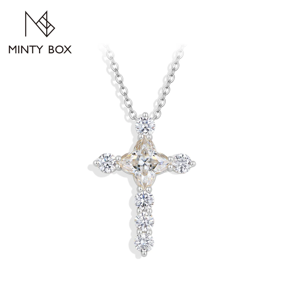 MINTYBOX S925 Silver Cross Pendant for Women Men Clover Cut 3.0ct Moissanite Necklace Faith Religion Holiday Gifts Party Jewelry