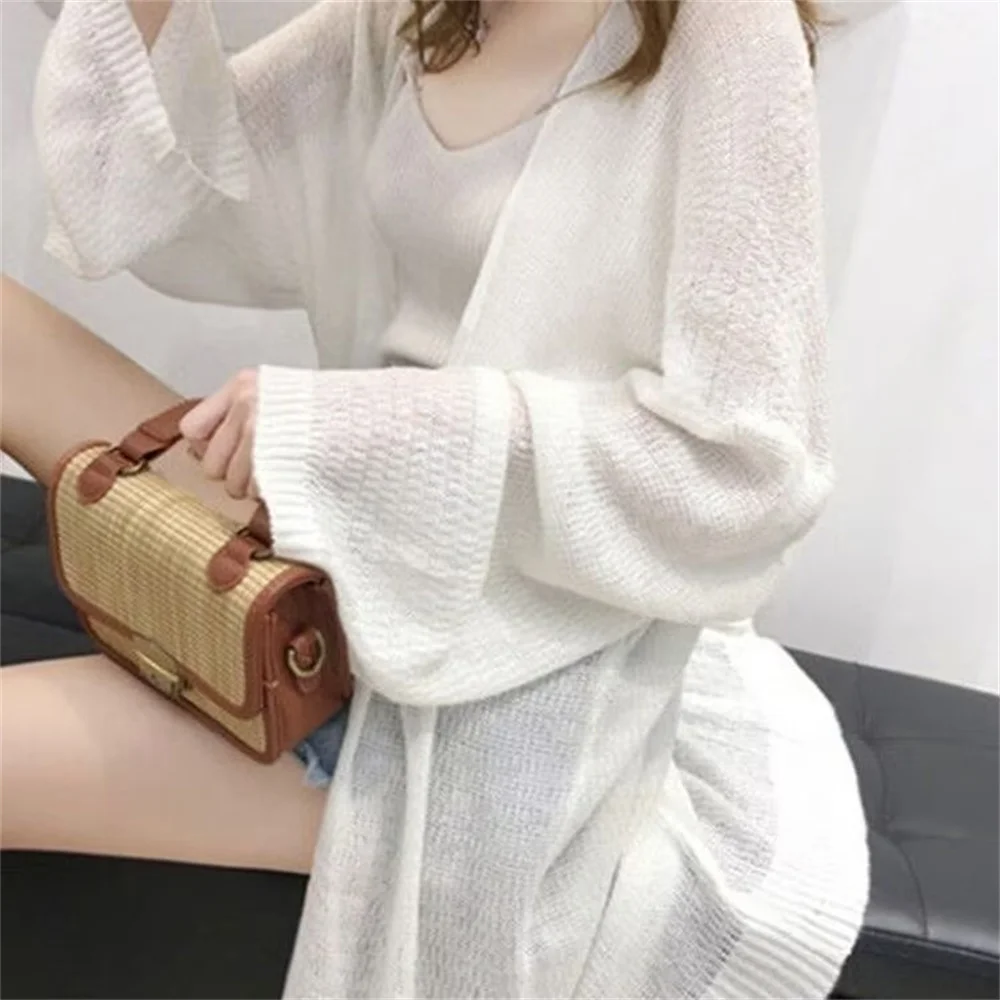 Thin Long Sleeve Knitted Cardigan Loose Women's Outerwear Comfortable Casual V-neck Sleeveless Air Conditioning Summer
